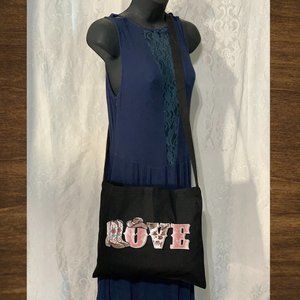 LOVE Western Cotton Canvas Crossbody Messenger Shoulder Tote Bag with Long Strap